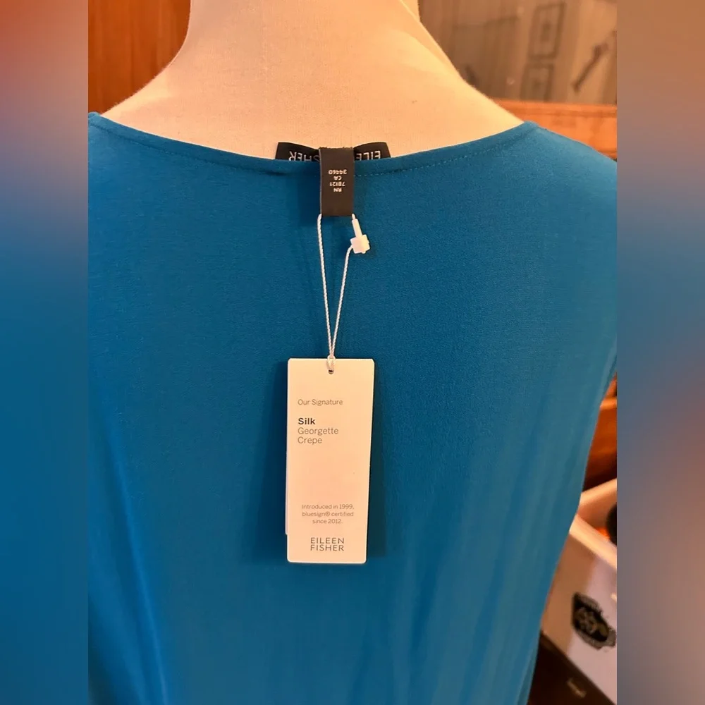 EILEEN FISHER Silk Georgette Crepe V-Neck Dress in Jewel. Size XL NWT - Picture 4 of 14